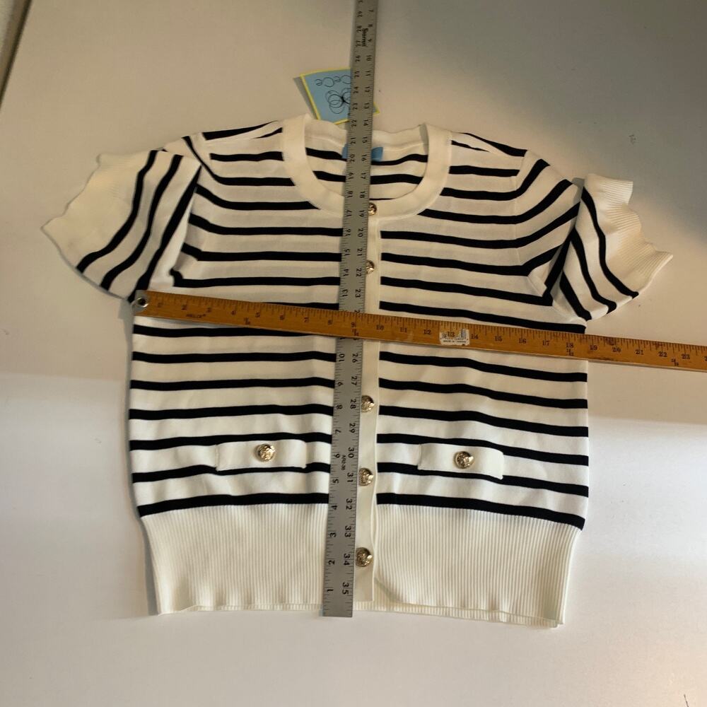 CeCe Cardigan Womens M Medium Striped Half Sleeve Goldtone Buttons Outfitted - Picture 8 of 14